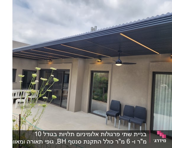 פרגולה מאלומיניום עם תאורה מובנית ומאוורר תקרה